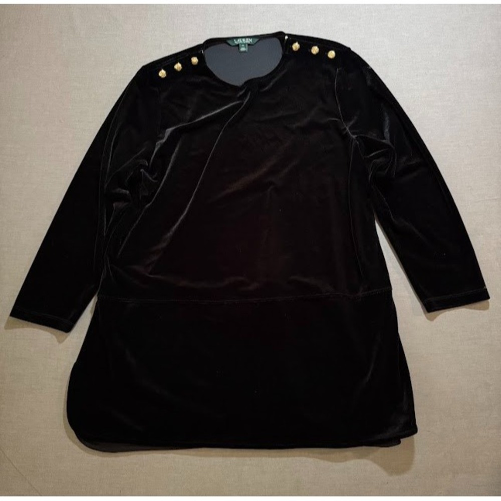 Lauren Ralph Lauren Shirt Women XL Black Velour Gold Button Pullover Top Ladies